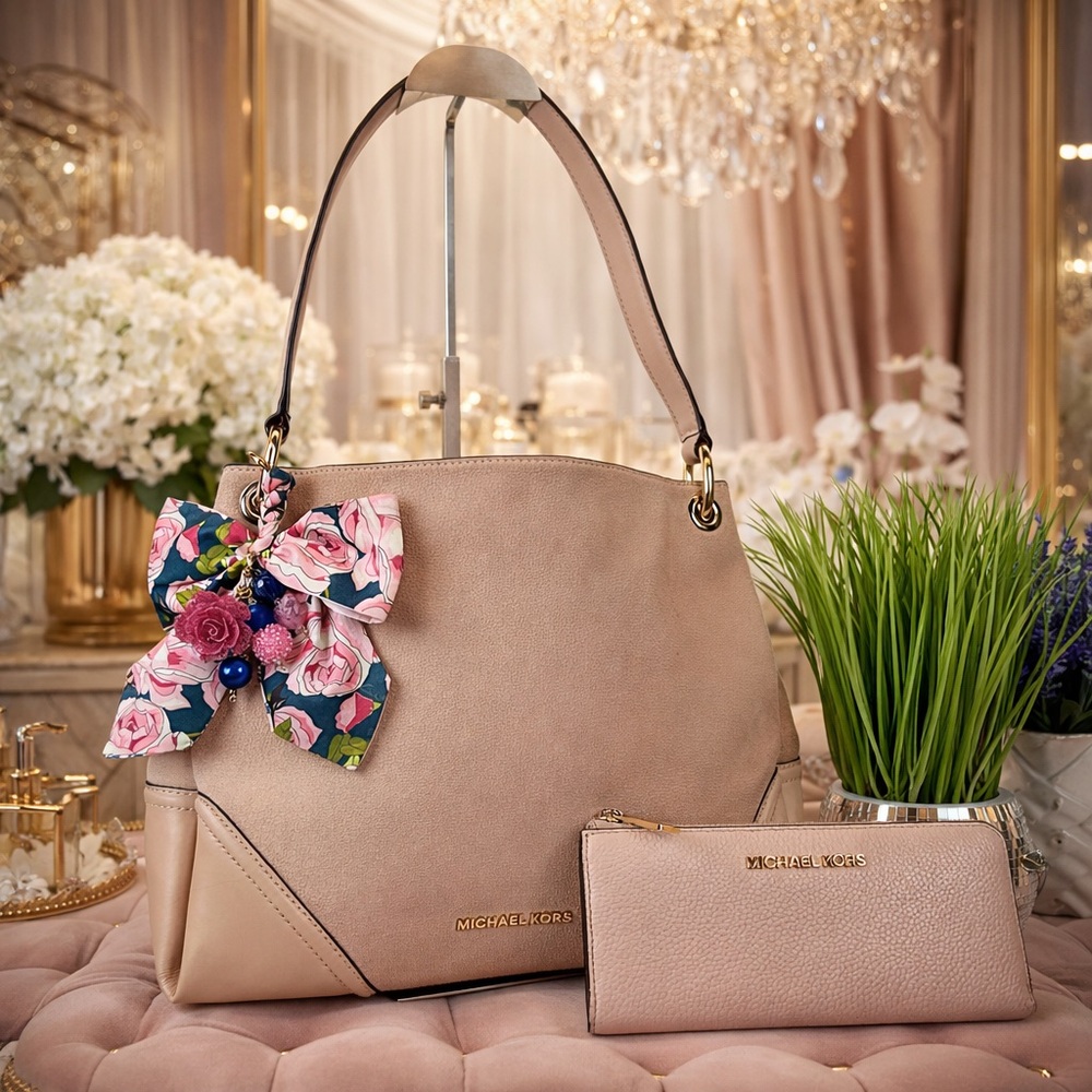 Michael Kors Nicole Beige Pink Suede Leather Large Hobo‎ Shoulder Bag Wallet Set